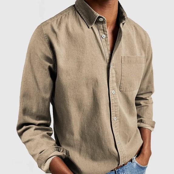 Caqnni Mens Casual Button Down Shirts Long Sleeve Shirt Dress Shirts with Pocket for Men Beach Wedding Shirt (Khaki,M)