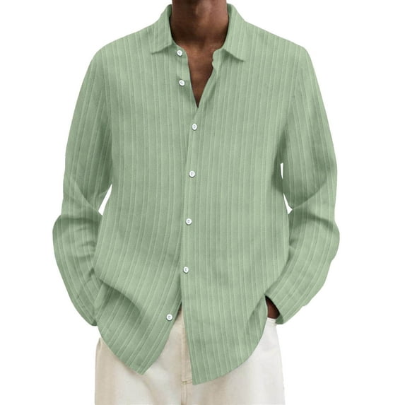 Caqnni Men's Linen Roll Up Long Sleeve Shirt Cotton Casual Beach Shirts Shirt Band Collar Vacation Tops (GN1,XL)