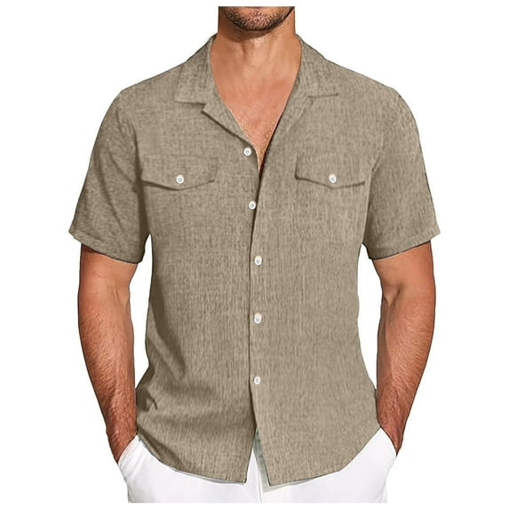 Caqnni Mens Casual Cotton Linen Shirt Short Sleeve Button Up Shirts Summer Beach Top (Khaki,S)