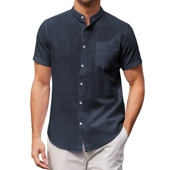 Caqnni Mens Casual Cotton Linen Shirt Short Sleeve Button Up Shirts Summer Beach Top (Navy,XL)