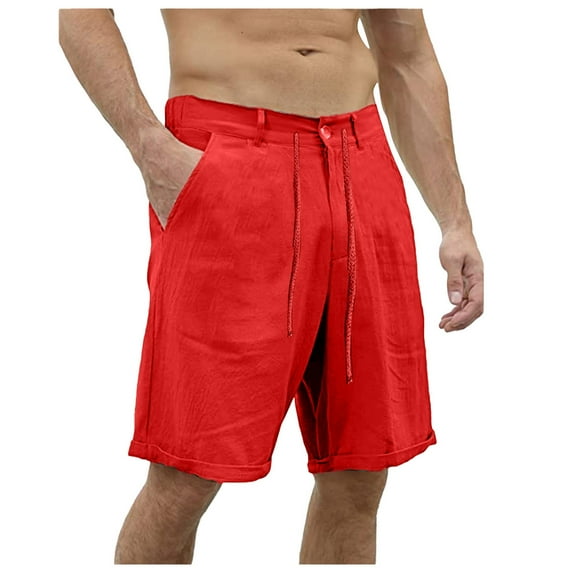 Caqnni Mens Casual Cotton Linen Shorts Casual Elastic Waist Drawstring Yoga Jogger Shorts with Pockets (Red,M)