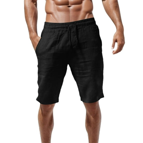 Caqnni Men’s Linen Shorts Casual Lightweight Drawstring Summer Beach Shorts(Black,3XL)