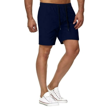Caqnni Mens Cotton Casual Lounge Shorts Pockets Jogger Athletic Workout Gym Sweat Shorts(Navy,L)