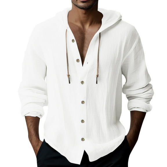 Caqnni Mens Cotton Linen Casual Stylish Button Down Shirt Long Sleeve Dress Shirts (White,XL)