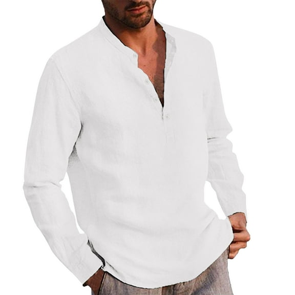 Caqnni Mens Cotton Linen Shirts Long Sleeve Casual Shirt Summer Beach Shirt Band Collar Shirt (White,3XL)