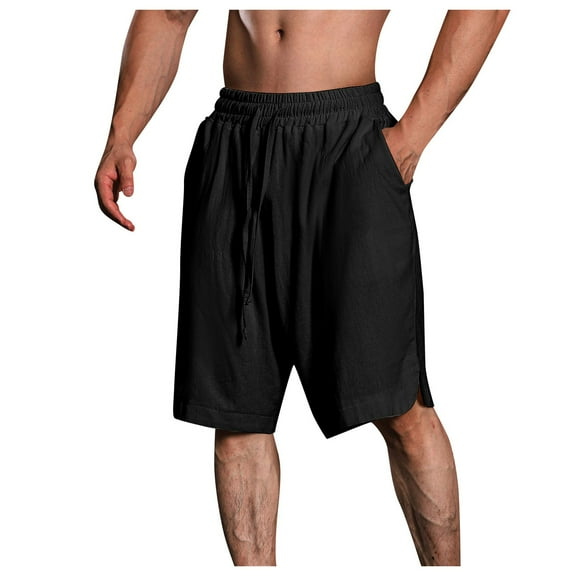 Caqnni Men's Linen Flat Front Shorts Casual Elastic Waist Drawstring Summer Beach Shorts with Pockets Sports Gym Basketball Casual Shorts Summer Beach Shorts (XL,Black)