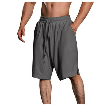 Caqnni Mens Cotton Linen Shorts Casual Drawstring Comfortable Elastic Waistband Drawstring Breathable Sports Gym Basketball Casual Shorts Summer Beach Shorts (XL,Grey)