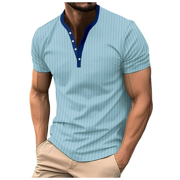 Caqnni Mens Fashion Casual Front Placket Basic Short Sleeve Henley T-Shirts (Blue,XL)