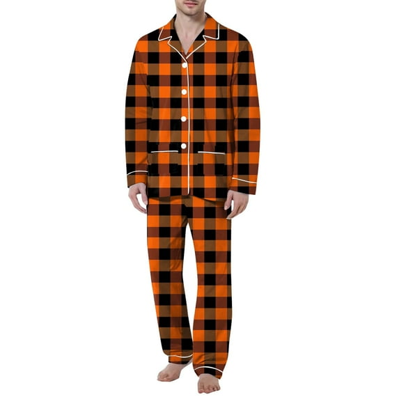 Caqnni Mens Fleece Pajama Set - Plaid Mens PJ Set - Mens Lounge Set with Pockets - Men's Sleepwear Flannel Pajamas (A04-Orange,3XL)