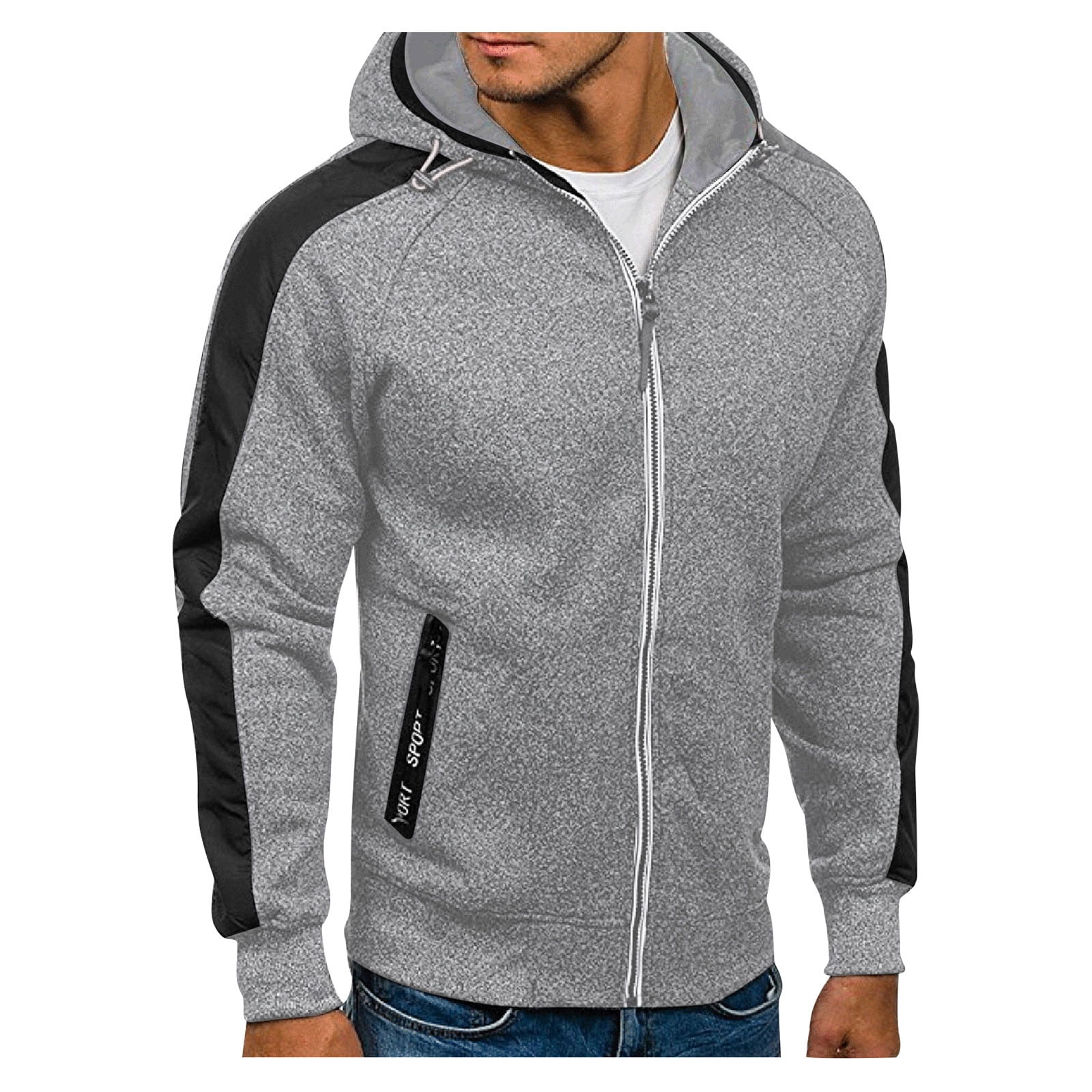 Men Hooded Sweatshirt Zip-Pocket Casual Solid Color Lace Up Long Sleeve