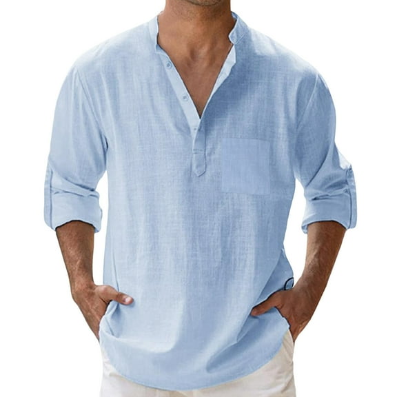 Caqnni Mens Linen Henley Shirts Long Sleeve Cotton Button Shirts with Pocket Henley T-Shirt (Blue,5XL)