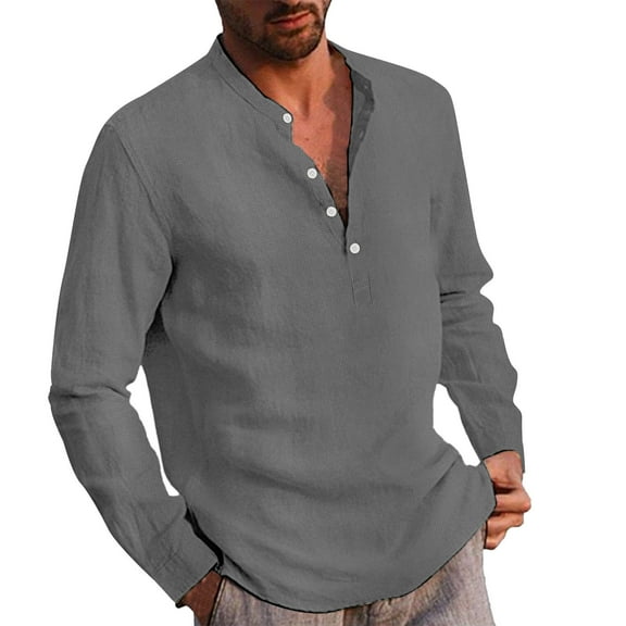 Caqnni Mens Linen Shirt, Casual Button Up Down Shirts for Men, Beach Long Sleeve Essential Business Top Clothes for Summer (Dark Gray,XL)