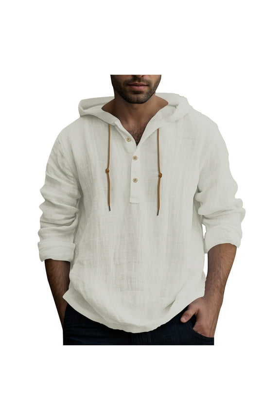Mens Linen Shirts with Hood Long Sleeve Beach Button Up Hooded Sweatshirts V Neck Casual Shirt (Grey,L)
