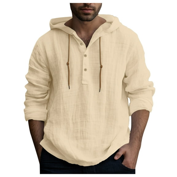 Caqnni Men's Cotton Linen Shirt Long Sleeve Casual Beach Shirts (Beige,XL)