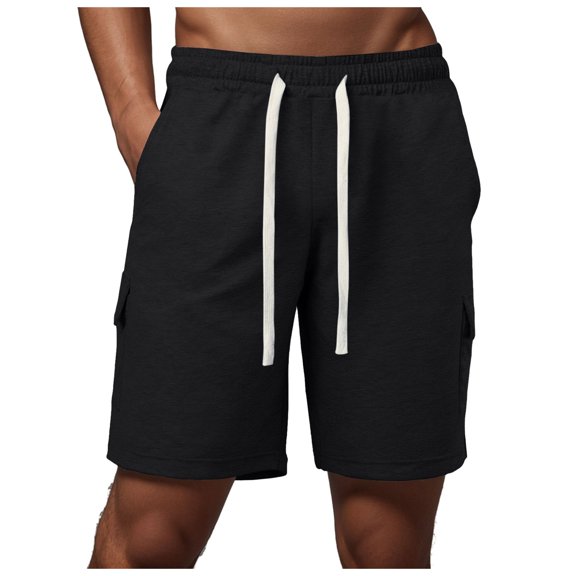 Caqnni Mens Loose-fit Casual Work Shorts Travel Casual Shorts Drawstring Shorts with Multi Pockets Summer Beach Jogging Leisure Gym M-2XL (Black,L)