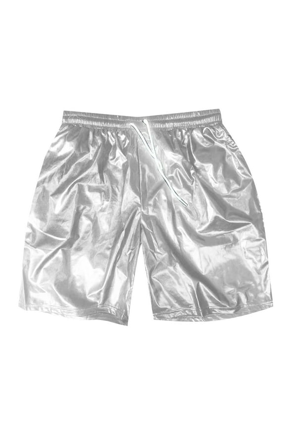Men's Fashion Metallic Shorts Shiny Hot Short Sparkly Party Shorts Beach Shorts Elastic Waist Drawstring Short Pants with Slant Pockets S-XXL (Silver,S)