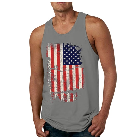 Caqnni Mens Muscle Tank American Flag Shirt 4th of July Independence Day Sleeveless Tee Tops (Grey,XXL)