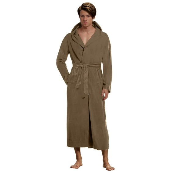 Caqnni Mens Plush Fleece Robe Cozy Warm Bathrobe Fuzzy Male Spa Long Robe With Pockets Bathrobe Sleepwear Loungewear (A030-Brown,XXL)