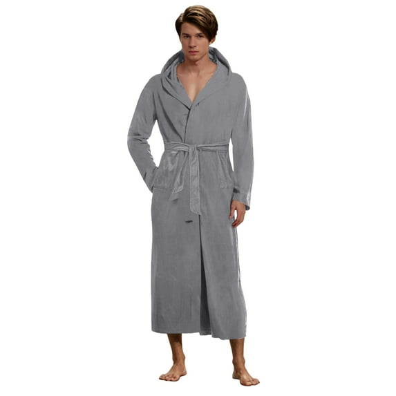 Caqnni Mens Plush Fleece Robe Cozy Warm Bathrobe Fuzzy Male Spa Long Robe With Pockets Bathrobe Sleepwear Loungewear (A030-Grey,M)