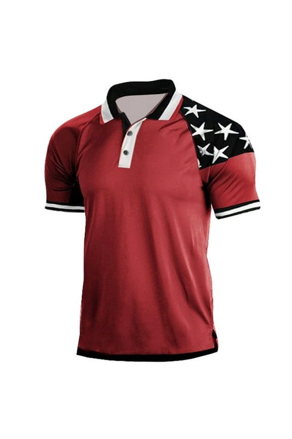 Mens Polo Shirts Patriotic Performance Independence Day American Flag Classic Fit Shirt Basic Beach Collared Shirts (Red,M)