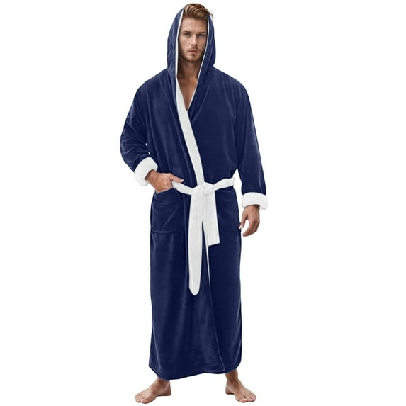 Caqnni Mens Robe with Hood Classic Terry Cloth Bathrobe for Men Soft Knee Length Bathrobes for Spa and House Bathrobe Home Wear (A032-Blue,5XL)