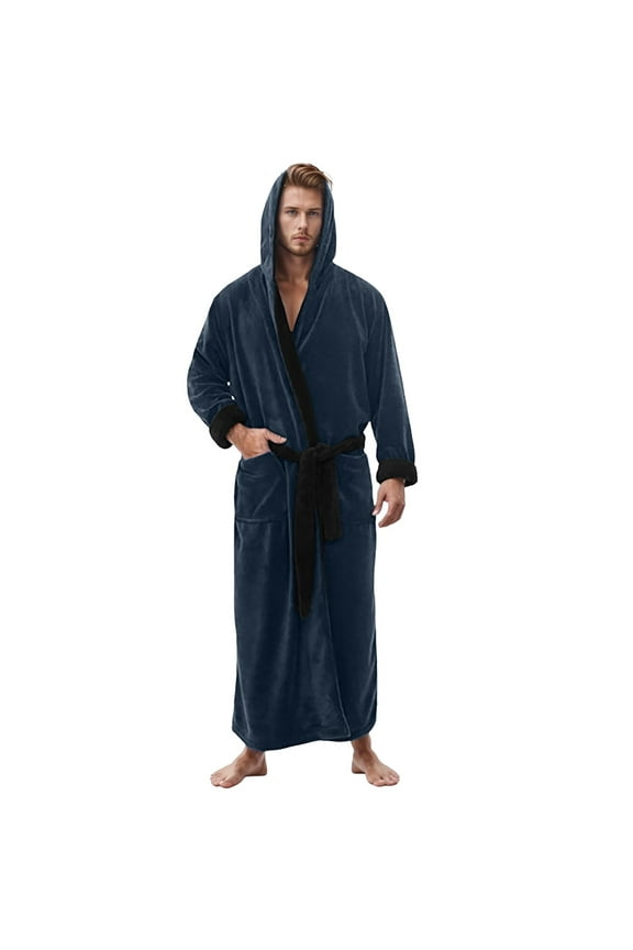 Mens Robe with Hood Classic Terry Cloth Bathrobe for Men Soft Knee Length Bathrobes for Spa and House Bathrobe Home Wear (A032-Dark Blue,4XL)
