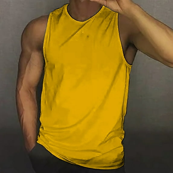 Caqnni Mens Shirt Sleeveless Muscle Shirts Cool Summer Beach Vacation Workout Gym Funny Casual Tanks (Yellow,XL)