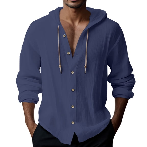Caqnni Mens Shirts Summer Cotton Linen Loose Long Sleeve Male Top (Dark Blue,S)