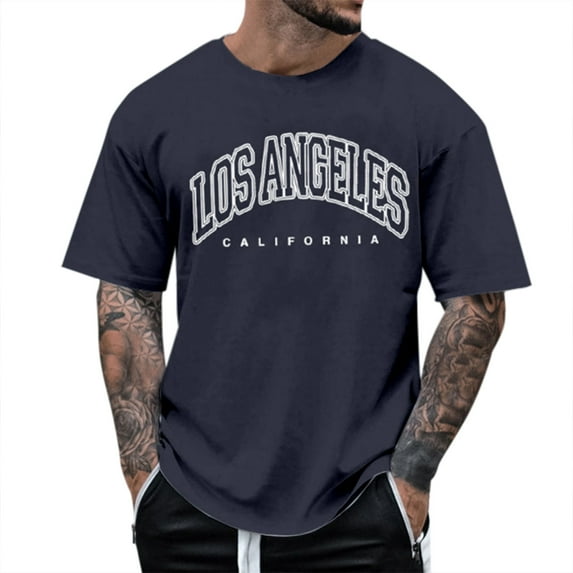 Caqnni Mens Short Sleeve Shirts Casual Athletic Soft Cotton Letter Print T Shirts for Men Fashion Crew Neck (Z05-Navy,3XL)