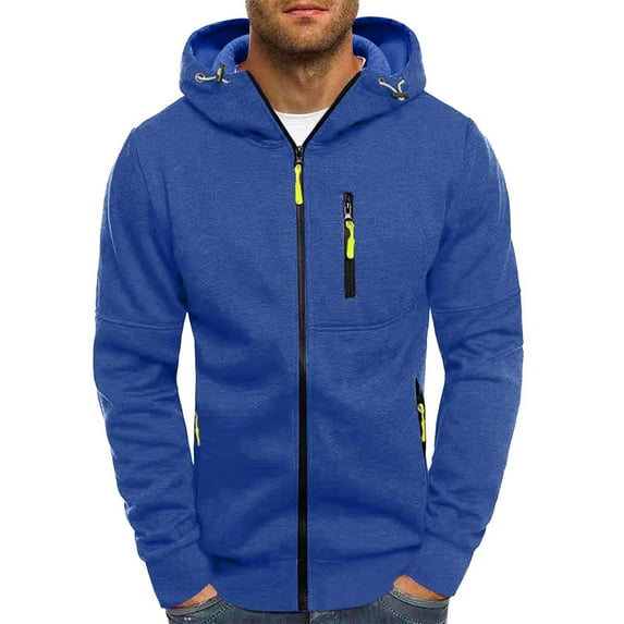 Caqnni Mens Slim Fit Zip Up Hoodie with Pockets Long Sleeve Full-Zip Hooded Lightweight Sweatshirt Autumn Winter Outerwear (L,Blue)