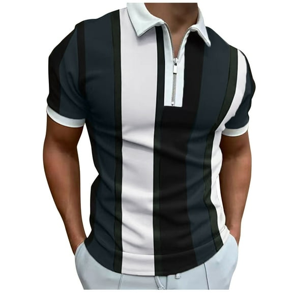 Caqnni Mens Striped Golf Shirt Quick-Dry Sports Polo Shirts(Black,XL)