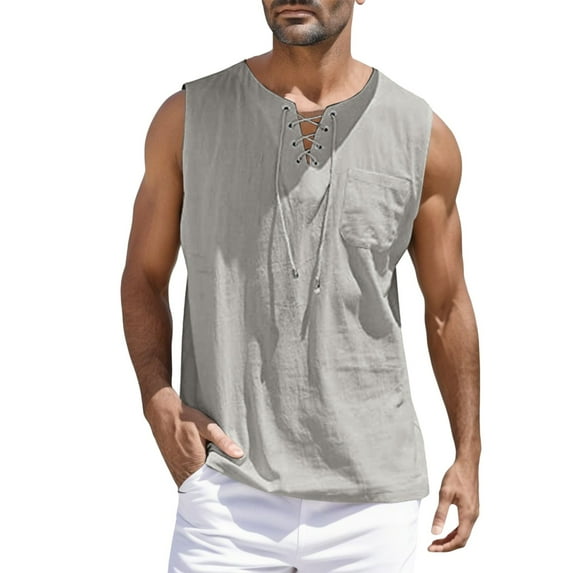 Caqnni Mens Tank Top Summer Casual Basic Loose Sleeveless T Shirt Gym Muscle Shirts Bodybuilding Gym Fitness Training Henley T-Shirts (Z06-Gray,XL)