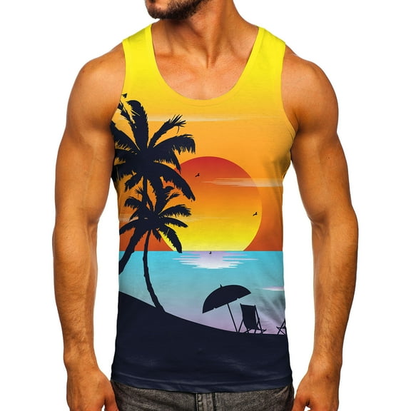 Caqnni Mens Tank Tops Big and Tall, Men's Floral Tank Top Sleeveless Tees All Over Print Casual Sport T-Shirts Hawaii Beach Vacation(Yellow,XL)