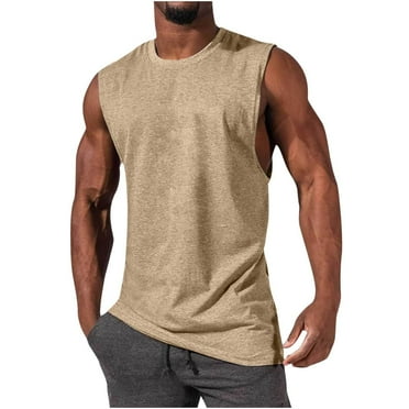 Caqnni Mens Tank Tops Big and Tall, Men's Workout Drop Arm Tank Top Cut Off Sleeveless Muscle Tank Gym Shirt(Beige,S)