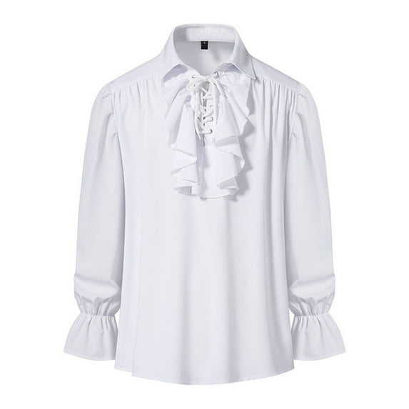 Caqnni Mens Vintage Court Shirt Turn Down Collar Hem Shirt Ruffle Collar Button Down Tops Vintage Performances Clothing Shirts (White,XXL)