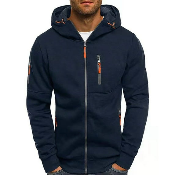 Caqnni Mens Zipper Hoodie Sleeve Patchwork Hooded Long Casual Slim Autumn Top Men's Hooded Zip up Sweatshirt (Z07-Navy,M)