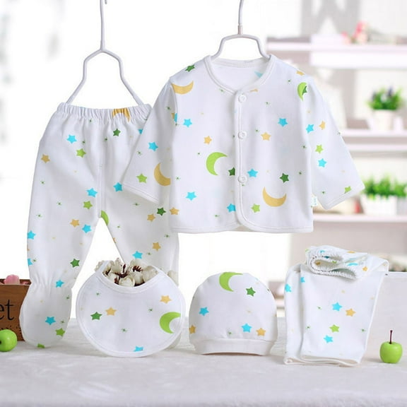 Caqnni Newborn Baby Girl Boy Clothes Set +Bib+Sock Set Tops+Hat+Pants Girl Boy Newborn Baby 5Pcs Outfits Boy Shoes+Romper Girl Boy Cotton Blend for 0-3 Months Newborn Gifts Set Layette Set