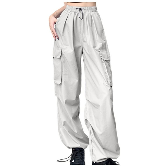 Caqnni Parachute Pants for Women Baggy Cargo Pants Drawstring Elastic Waist Y2K Pants Wide Leg Joggers Streetwear Loose Baggy Trousers (Grey,3XL)