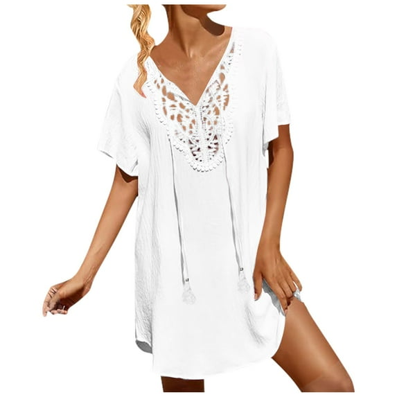 Caqnni Plus Size Women's Loose Fit Beach Cover-Up, Kaftan Style with Tassels, Flattering Swimsuit Cover-Up for Tummy Control, for a Day at the Beach (White,L)