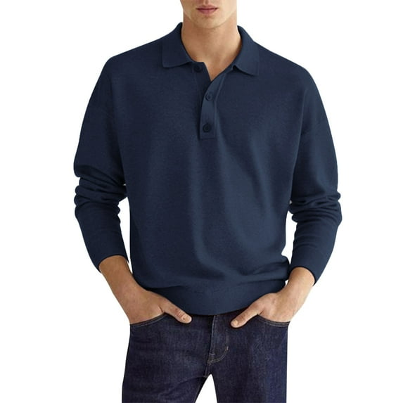 Caqnni Men's Fashion Polo Shirts Casual Long Sleeve Golf Shirts Color Block Cotton Tops (Z04-Navy,3XL)