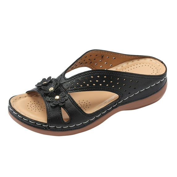 Caqnni Slip On Dressy Summer Comfortable Slides Sandals Platform Shoes Chunky Heel Wedge Sandals Summer Casual Open Toe Beach Sandals Casual Comfortable Roman Slippers (A03-Black,7.5)