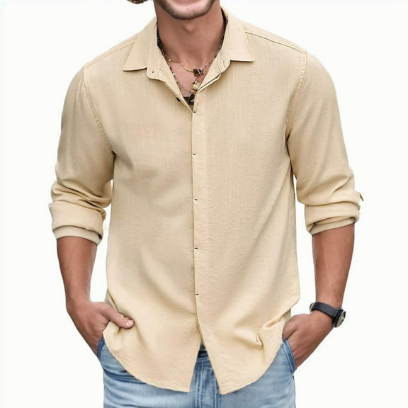 Caqnni Shirts Long Sleeve Banded Collar T-Shirt Loose Fit Summer Beach Tops (Khaki,3XL)