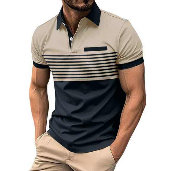 Caqnni Men's Short Sleeve Polo Shirts Casual Slim Fit Contrast Color Stitching Stripe Cotton Shirts (M,Z06-Khaki)