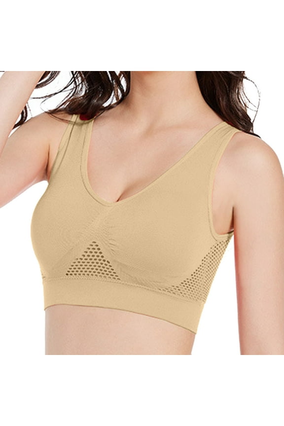 Sports Bras for Women - U Back Wireless Medium Impact Sports Bra Padded Yoga Workout Bra No Underwire Comfy Bras (Beige,S)