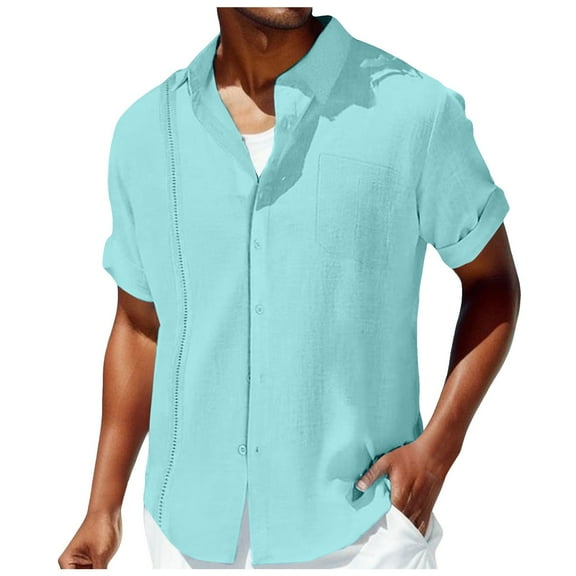 Caqnni Stylish Men's Linen Short Sleeve Shirt - Comfortable Loose Linen Tee for Everyday Wear (Light Blue,XL)