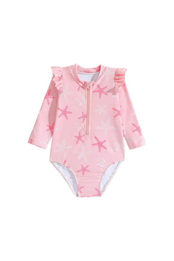 Summer Girls Swimsuit Children Long Sleeved Sunscreen Printing Triangle Shorts Swimsuit Swimwear Suit for Summer Vacation 18-24 Months Pink