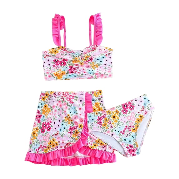 Caqnni Swimsuit for Girls 2 Piece Bathing Suits for Girls Two Piece Swimsuit Beach Ruffle Halter Neck Girls Swimsuits Summer Beach Girls Swimsuits 4-5 Years,Hot Pink