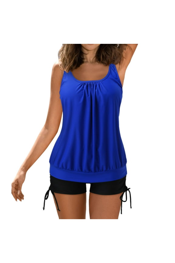Swimsuit Women Two Piece Tankini Bathing Suits Ribbed Ruched Tummy Control Tankini Swim Top with Bottom Swimwear Tankini Swimwear (XL,Blue)