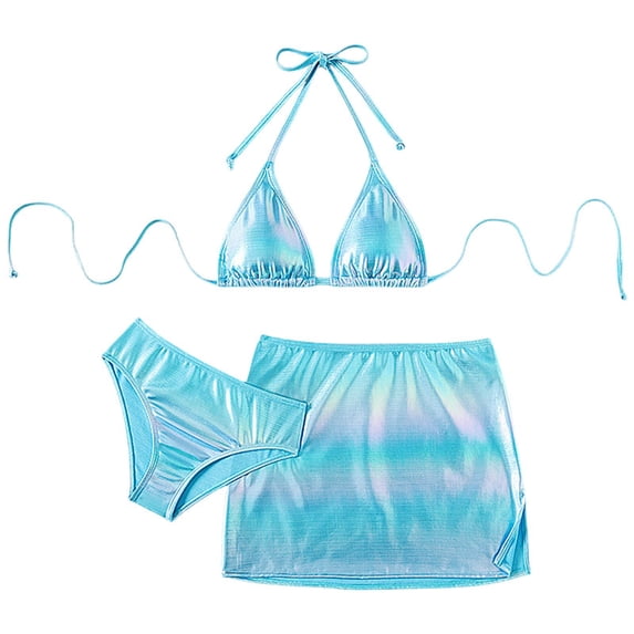 Caqnni Teen Girls Swimsuits 3 Piece Metallic Sets Bikini Tankini Swimwear Summer Beach Swimwear Suit for Summer Vacation 13-14 Years Blue