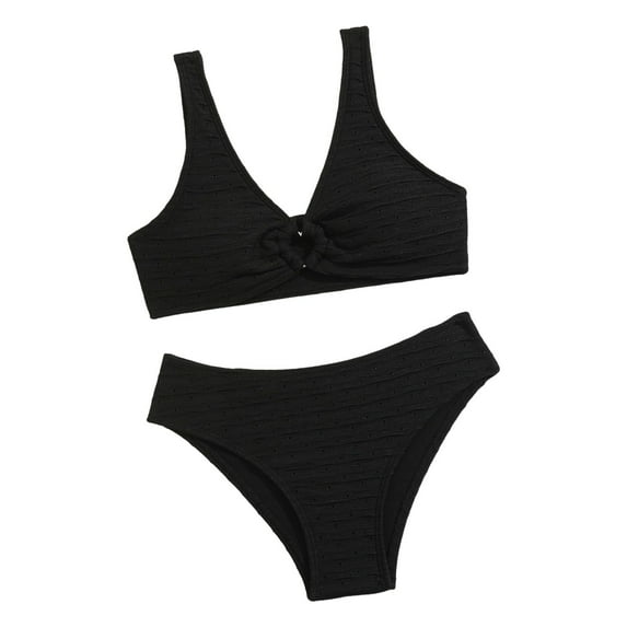 Caqnni Teen Girls' Swimsuits Two Piece V Neck Bikini Adjustable Shoulder Straps Swimsuit Kids Bikini With Chest Pad Swimwear Suit for Summer Vacation 13-14 Years Black